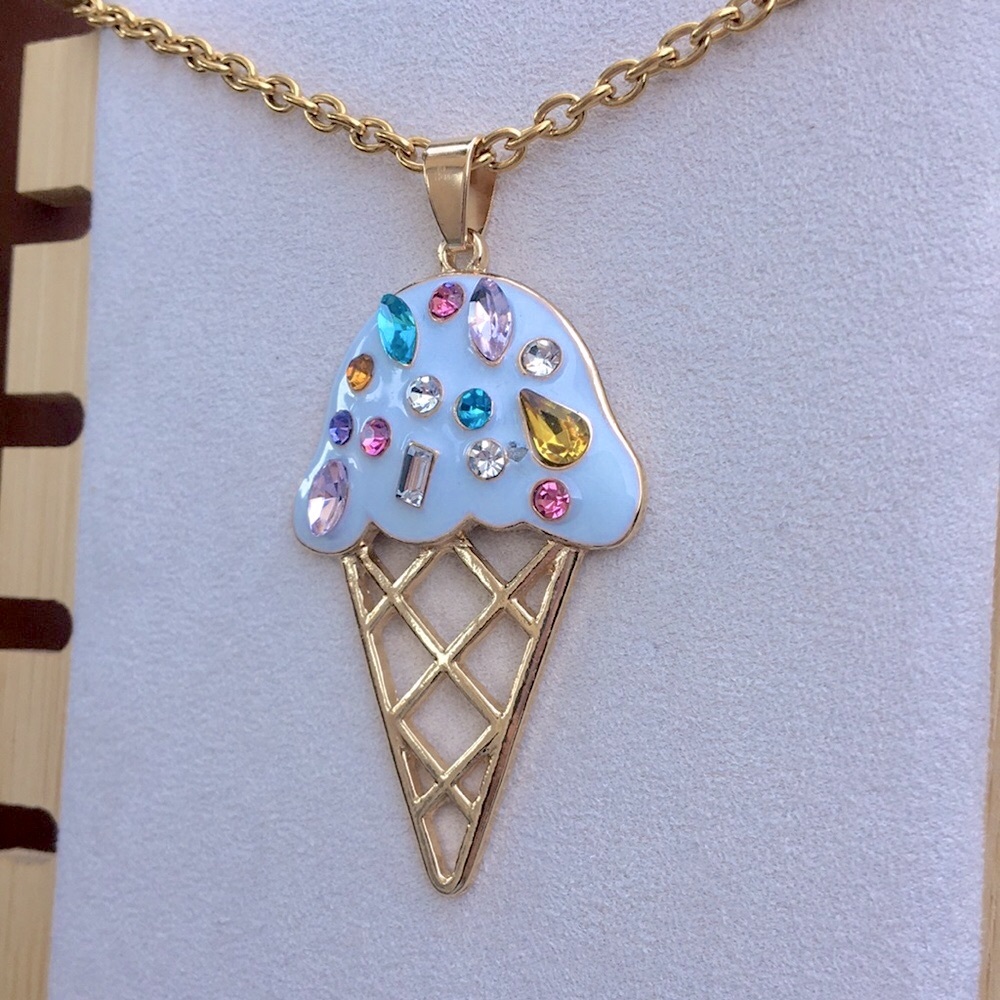 White + Crystal Sprinkles Gold Ice Cream🍦Cone Pendant Drop Necklace - Picture 6 of 8